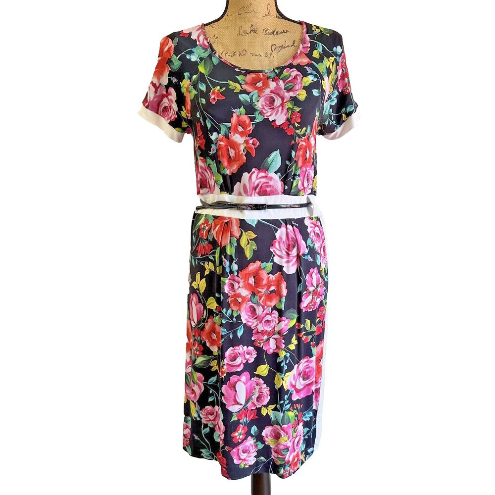 Anne Rachele Womens Black Floral Rose Print Short Sleeve Sheath Dress Sz 10/46